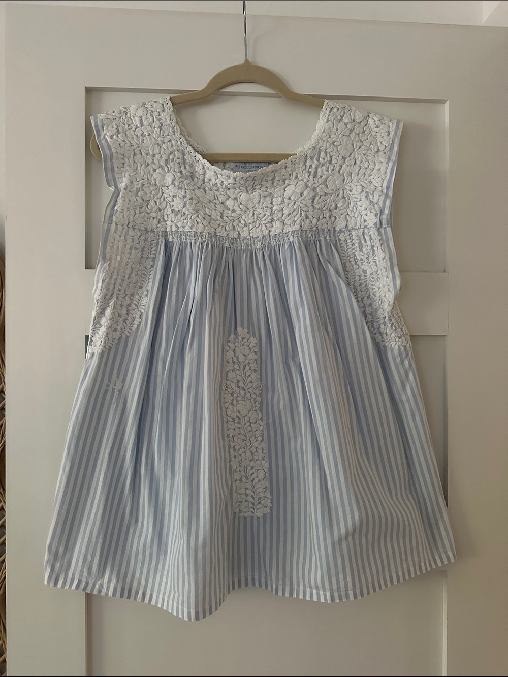 Mi Golondrina Light Blue & White Striped Embroidered Tunic